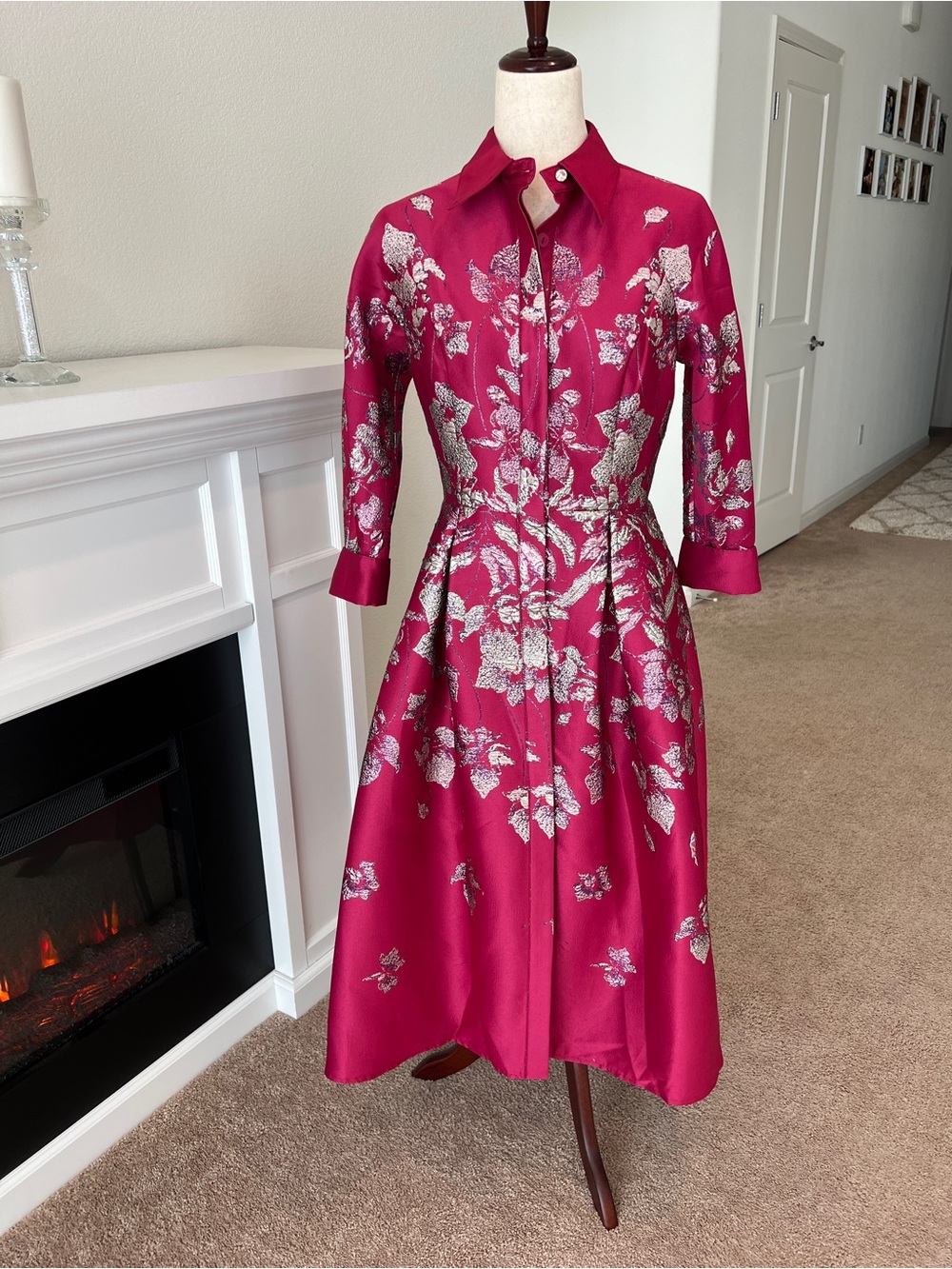 Teri Jon Magenta Floral Jacquard Midi Shirt Dress